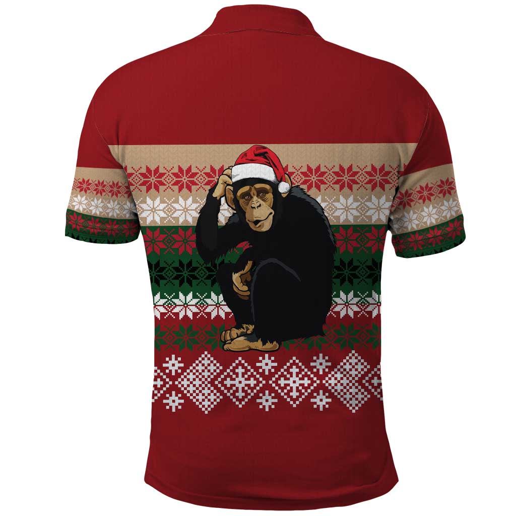 Chimpanzee Christmas Polo Shirt Chimpanzee Wearing Santa Hat - Red Green Snowflake - Wonder Print Shop