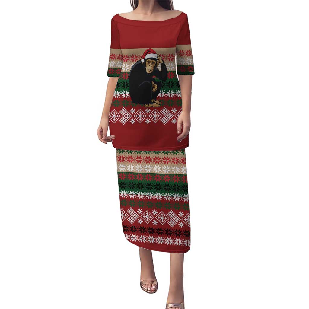 Chimpanzee Christmas Puletasi Chimpanzee Wearing Santa Hat - Red Green Snowflake - Wonder Print Shop