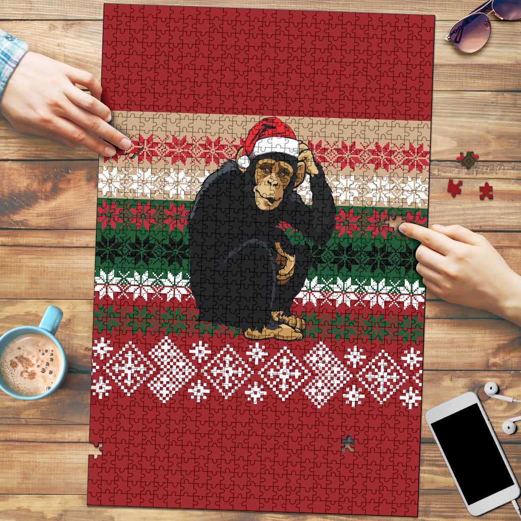 Chimpanzee Christmas Puzzle Chimpanzee Wearing Santa Hat - Red Green Snowflake - Wonder Print Shop