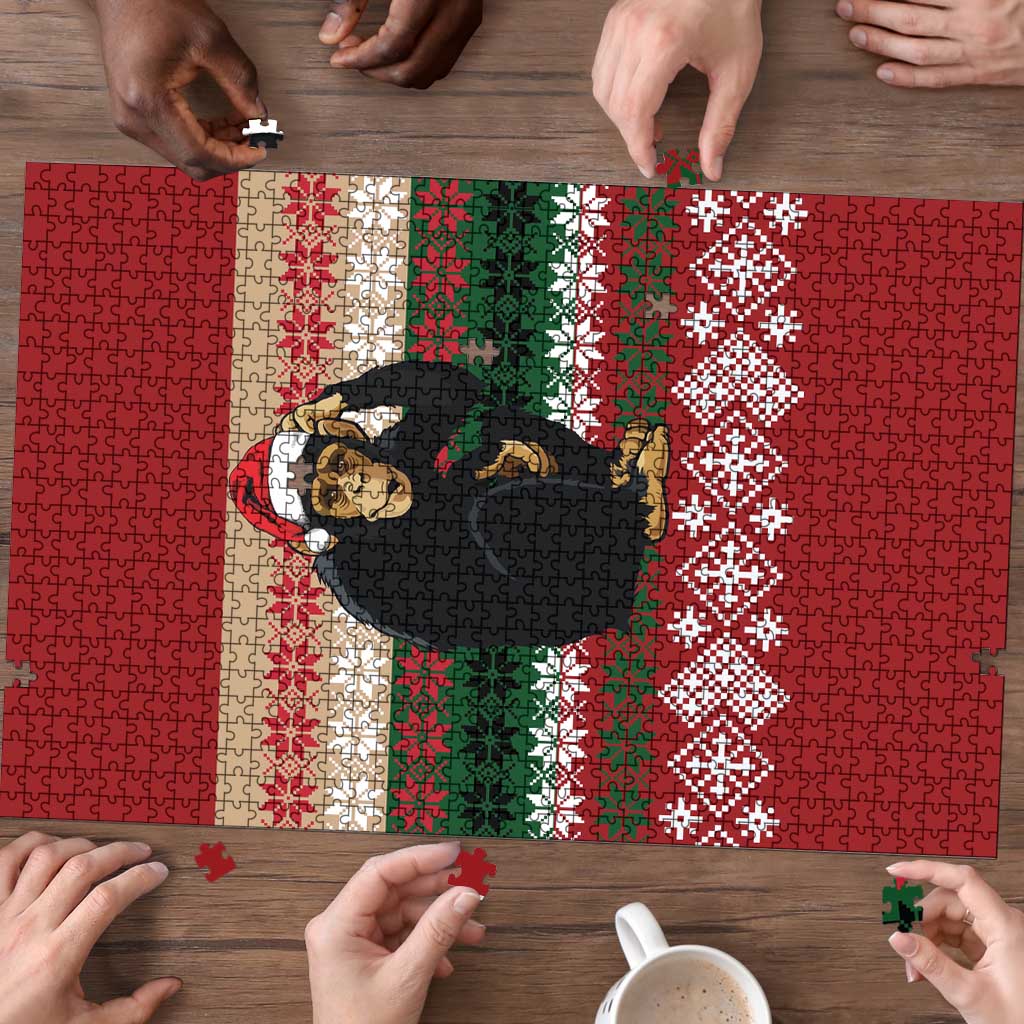 Chimpanzee Christmas Puzzle Chimpanzee Wearing Santa Hat - Red Green Snowflake - Wonder Print Shop