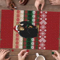Chimpanzee Christmas Puzzle Chimpanzee Wearing Santa Hat - Red Green Snowflake - Wonder Print Shop