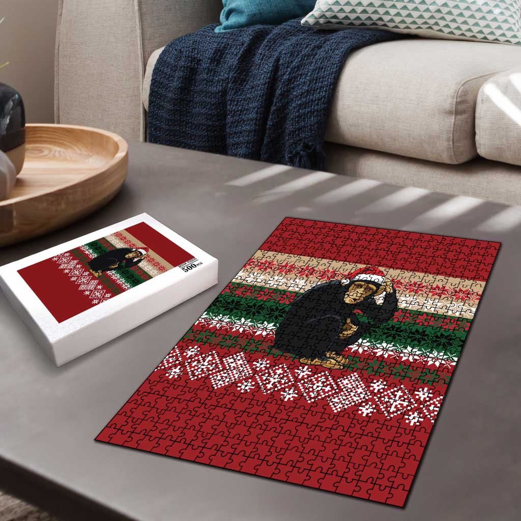 Chimpanzee Christmas Puzzle Chimpanzee Wearing Santa Hat - Red Green Snowflake - Wonder Print Shop