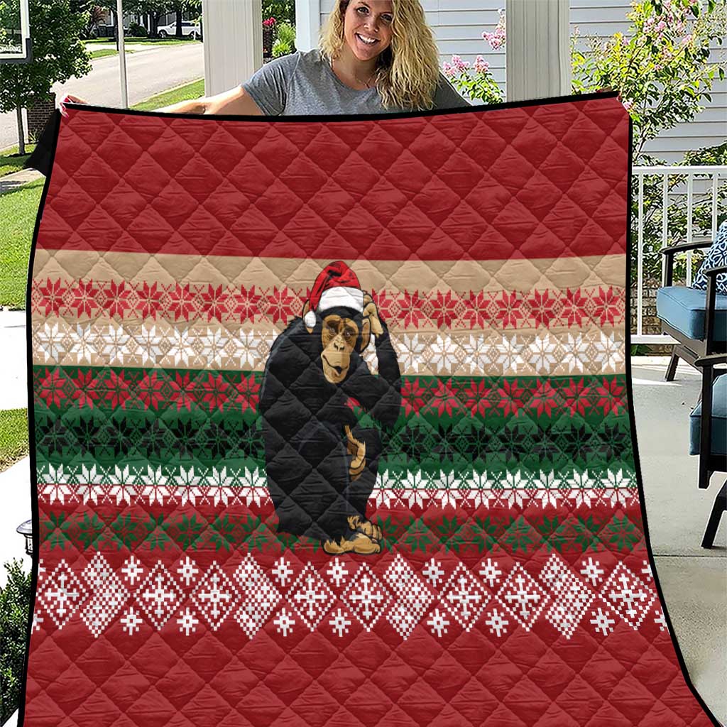 Chimpanzee Christmas Quilt Chimpanzee Wearing Santa Hat - Red Green Snowflake - Wonder Print Shop