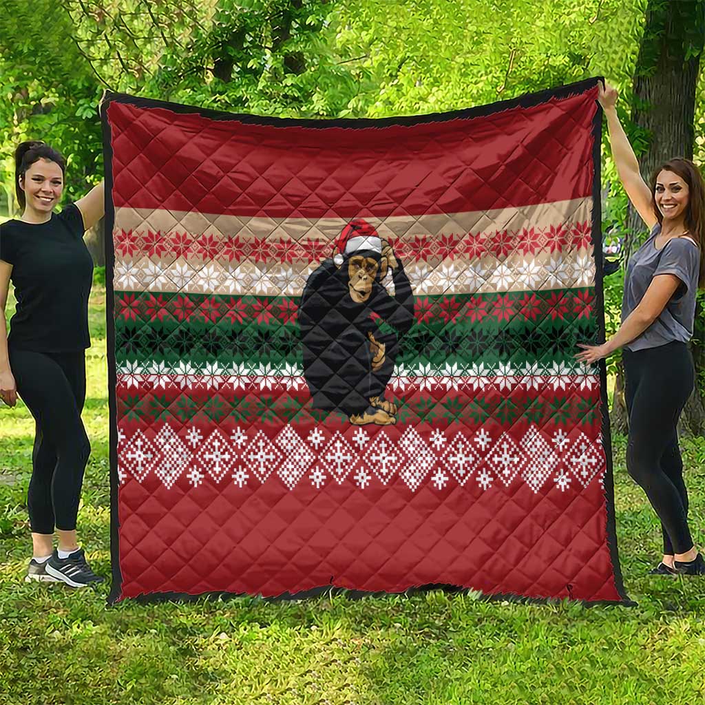 Chimpanzee Christmas Quilt Chimpanzee Wearing Santa Hat - Red Green Snowflake - Wonder Print Shop
