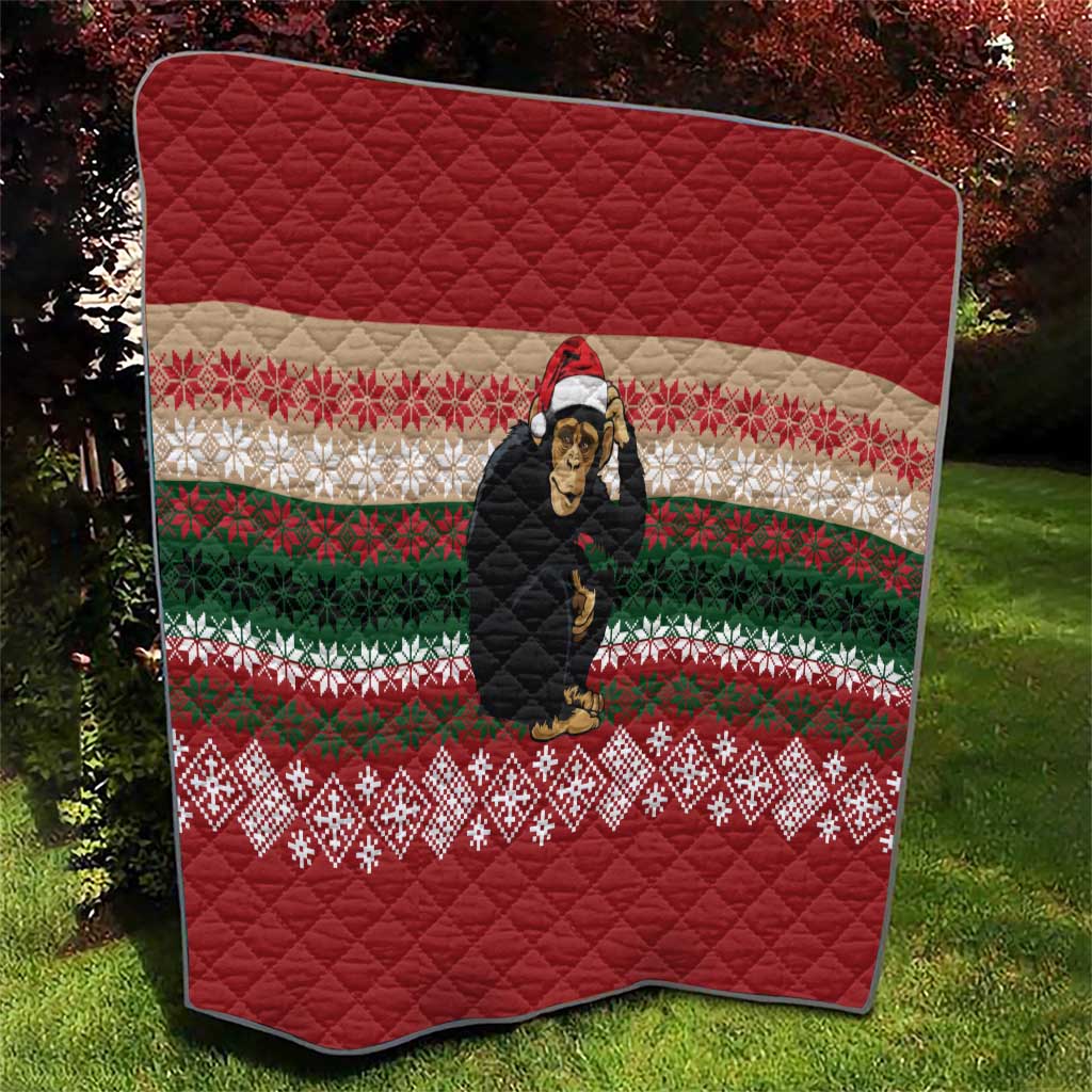 Chimpanzee Christmas Quilt Chimpanzee Wearing Santa Hat - Red Green Snowflake - Wonder Print Shop