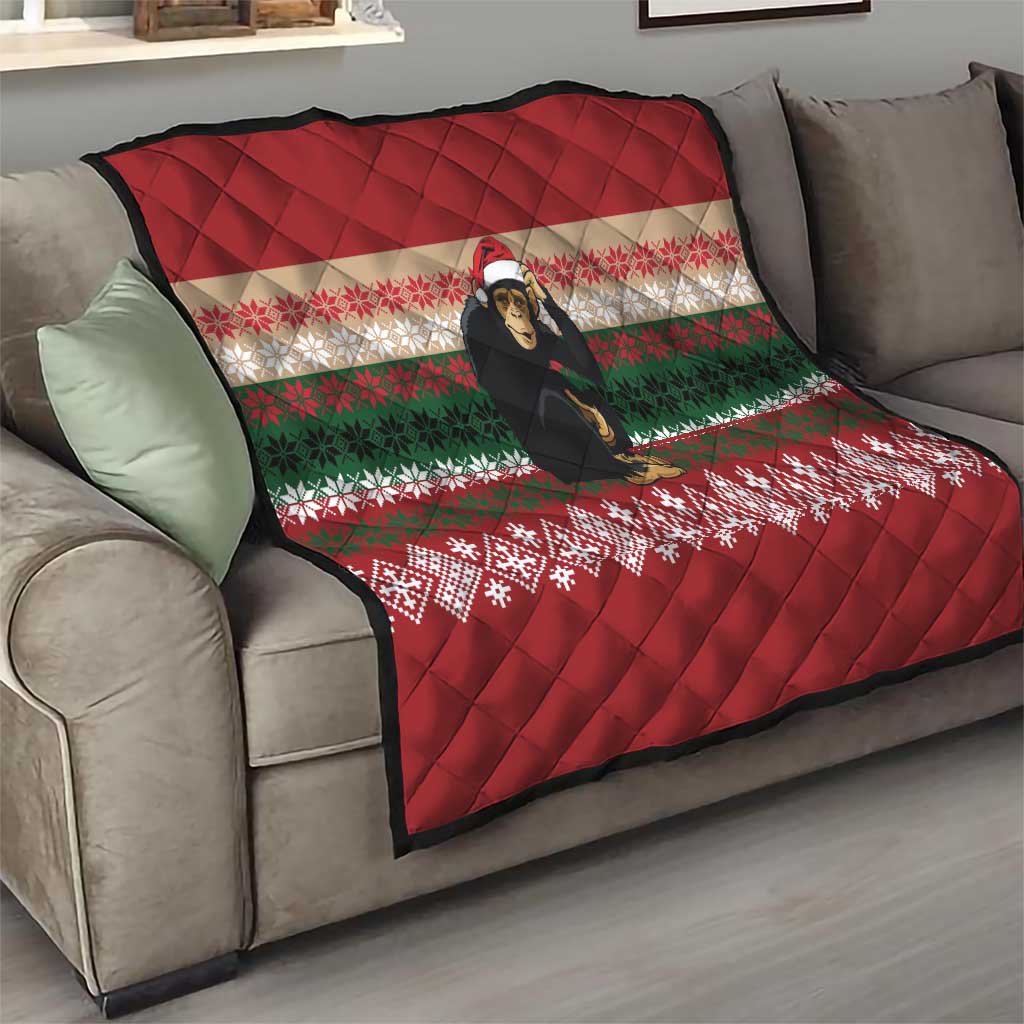 Chimpanzee Christmas Quilt Chimpanzee Wearing Santa Hat - Red Green Snowflake - Wonder Print Shop