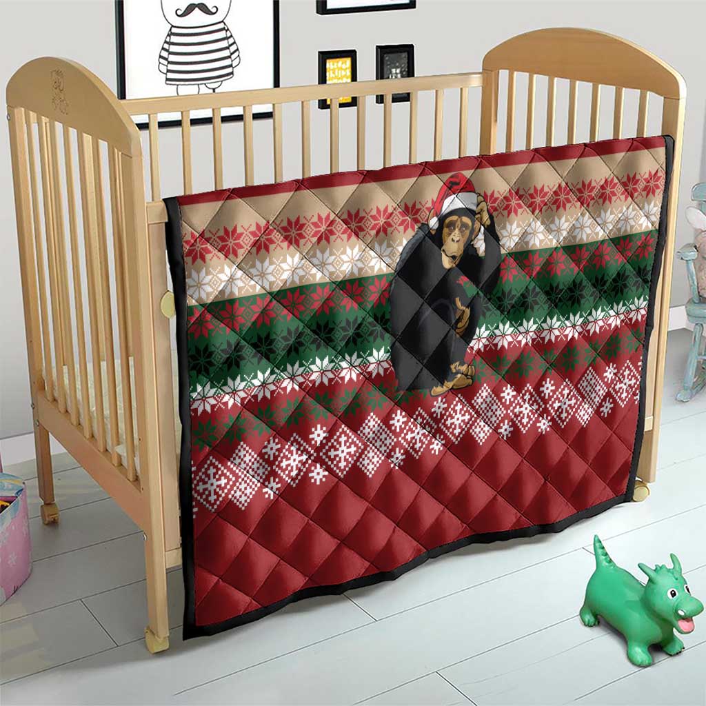 Chimpanzee Christmas Quilt Chimpanzee Wearing Santa Hat - Red Green Snowflake - Wonder Print Shop