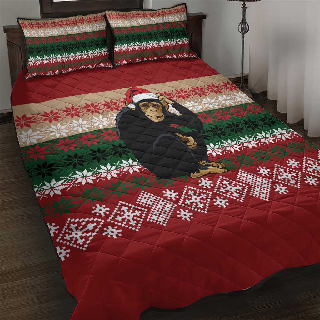 Chimpanzee Christmas Quilt Bed Set Chimpanzee Wearing Santa Hat - Red Green Snowflake - Wonder Print Shop