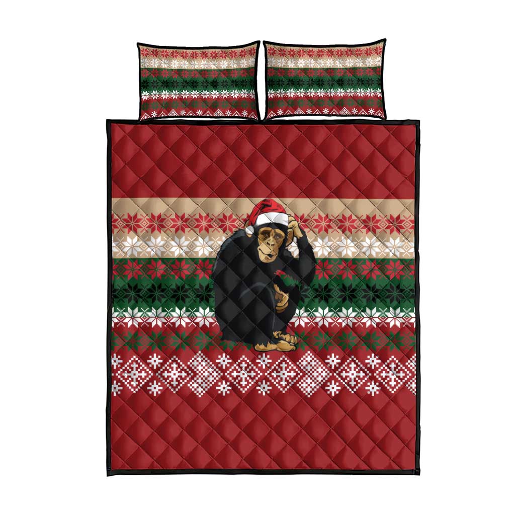 Chimpanzee Christmas Quilt Bed Set Chimpanzee Wearing Santa Hat - Red Green Snowflake - Wonder Print Shop