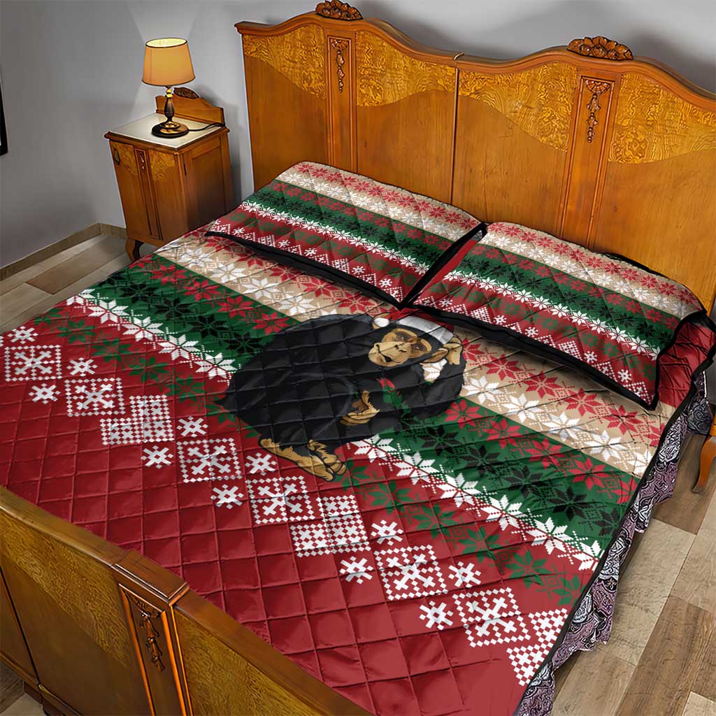 Chimpanzee Christmas Quilt Bed Set Chimpanzee Wearing Santa Hat - Red Green Snowflake - Wonder Print Shop