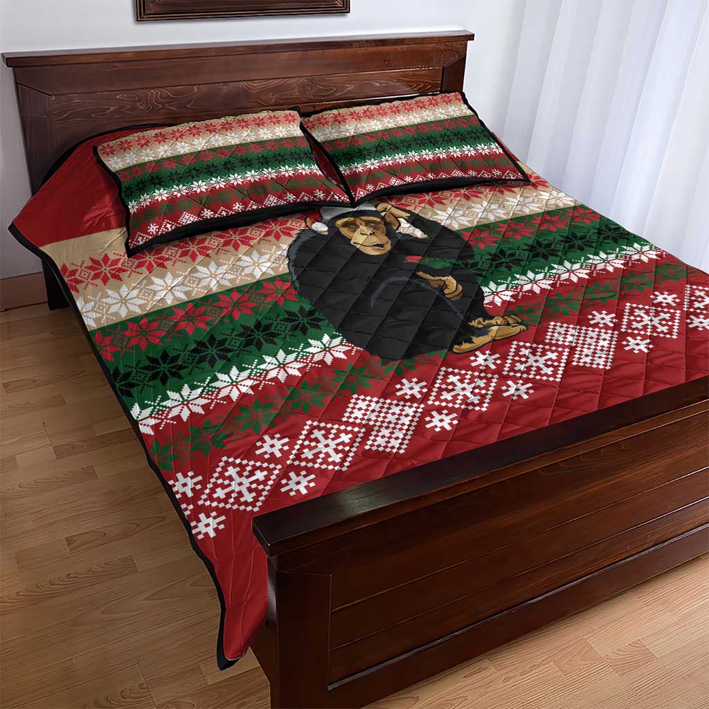 Chimpanzee Christmas Quilt Bed Set Chimpanzee Wearing Santa Hat - Red Green Snowflake - Wonder Print Shop