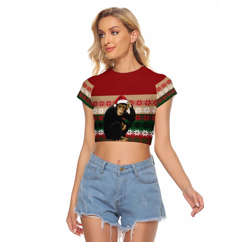 Chimpanzee Christmas Raglan Cropped T Shirt Chimpanzee Wearing Santa Hat - Red Green Snowflake - Wonder Print Shop
