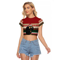 Chimpanzee Christmas Raglan Cropped T Shirt Chimpanzee Wearing Santa Hat - Red Green Snowflake - Wonder Print Shop