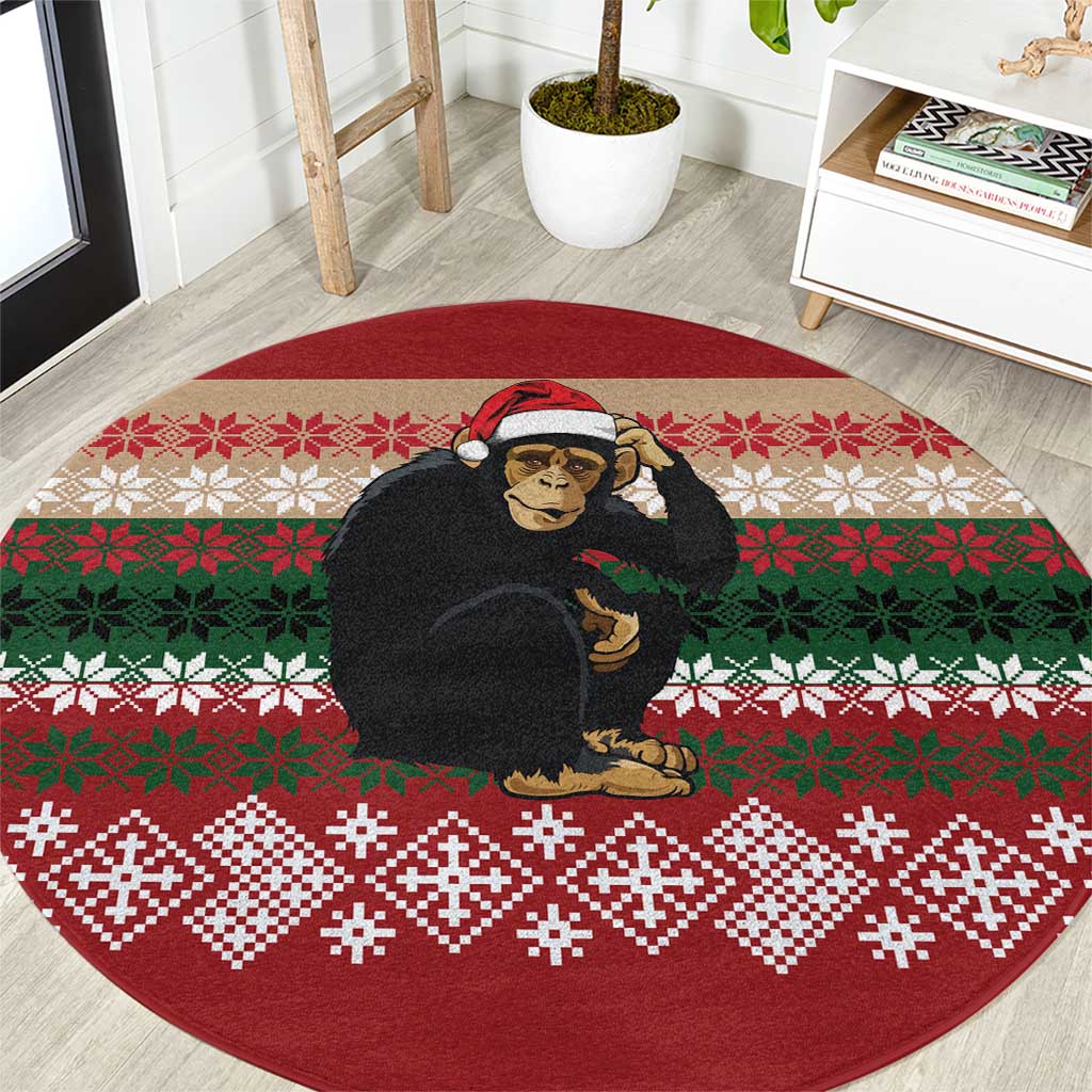 Chimpanzee Christmas Round Carpet Chimpanzee Wearing Santa Hat - Red Green Snowflake - Wonder Print Shop
