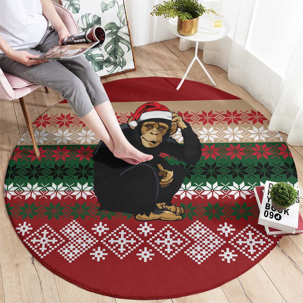 Chimpanzee Christmas Round Carpet Chimpanzee Wearing Santa Hat - Red Green Snowflake - Wonder Print Shop