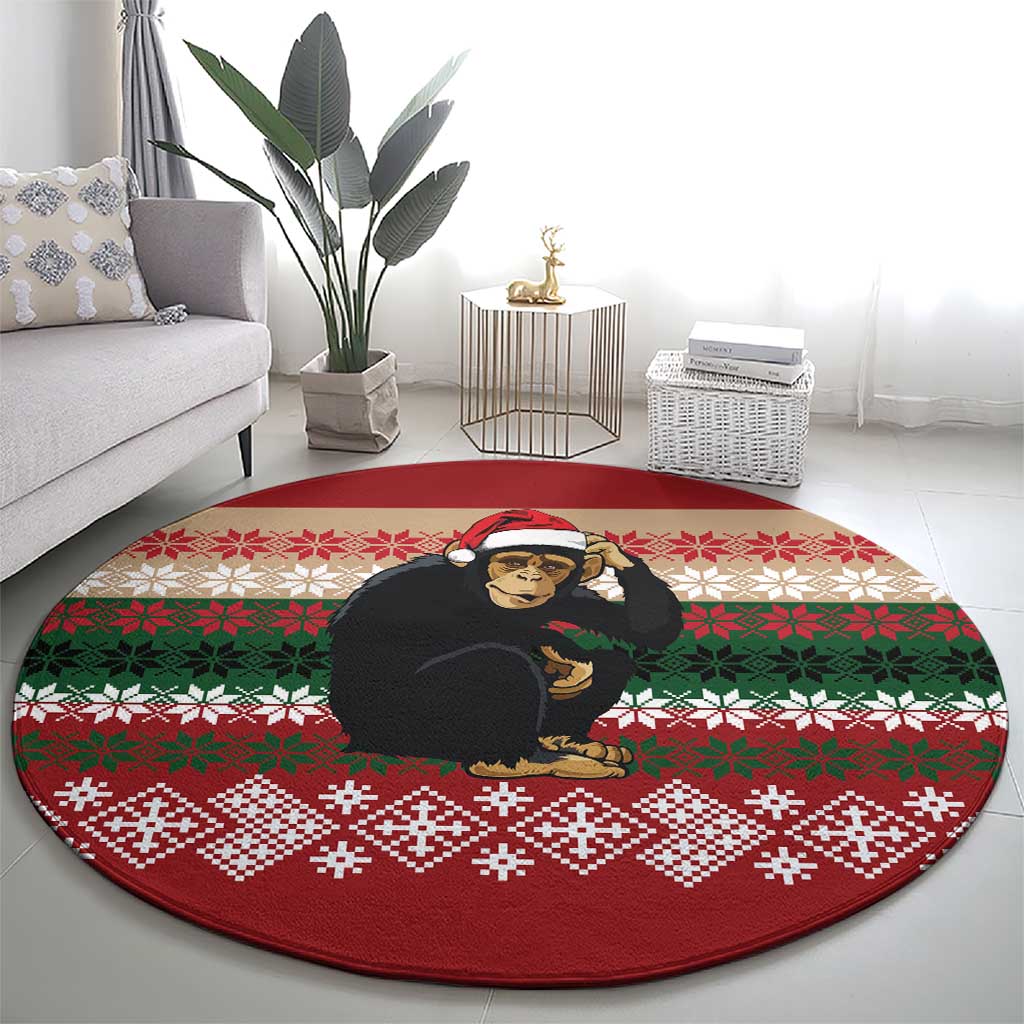 Chimpanzee Christmas Round Carpet Chimpanzee Wearing Santa Hat - Red Green Snowflake - Wonder Print Shop