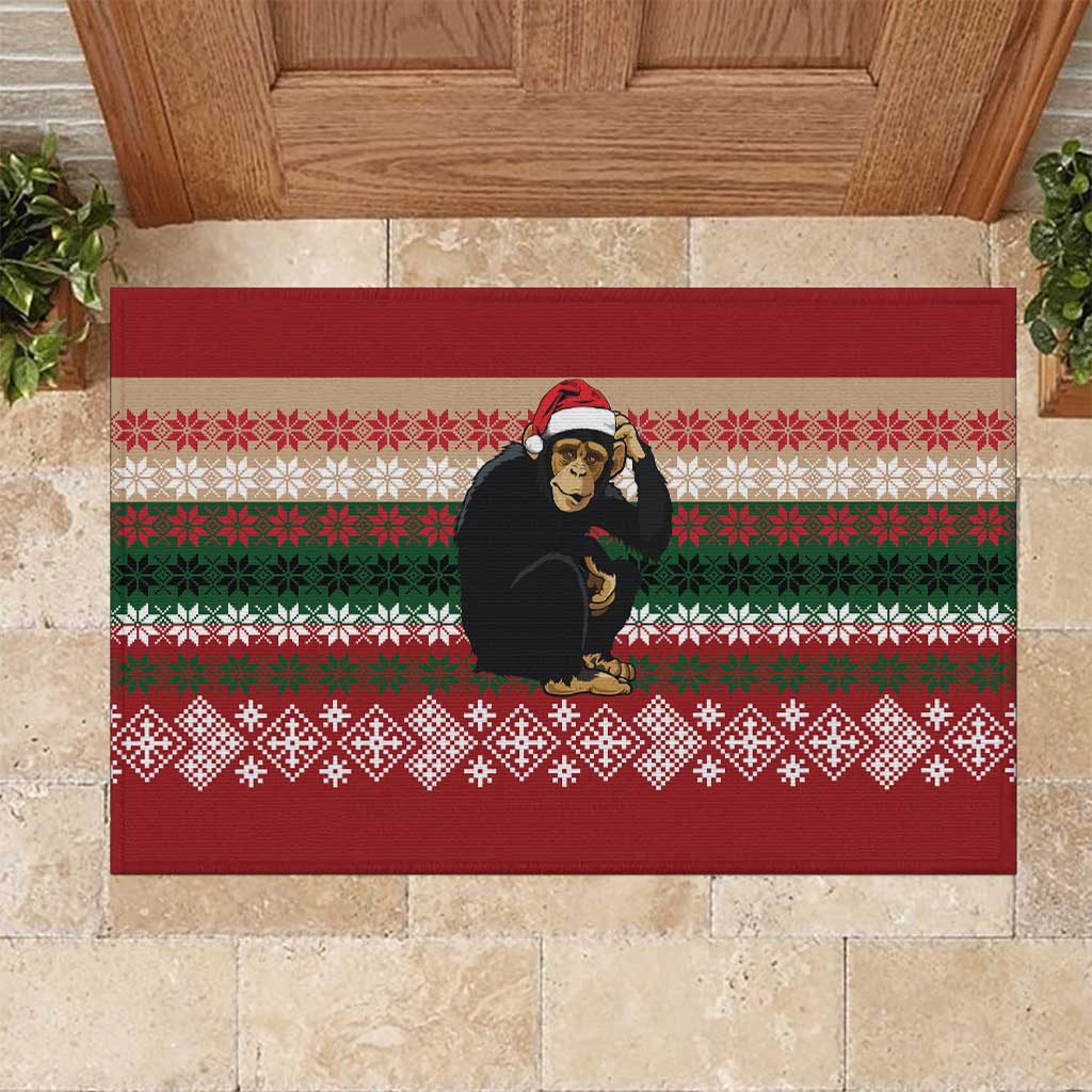 Chimpanzee Christmas Rubber Doormat Chimpanzee Wearing Santa Hat - Red Green Snowflake - Wonder Print Shop