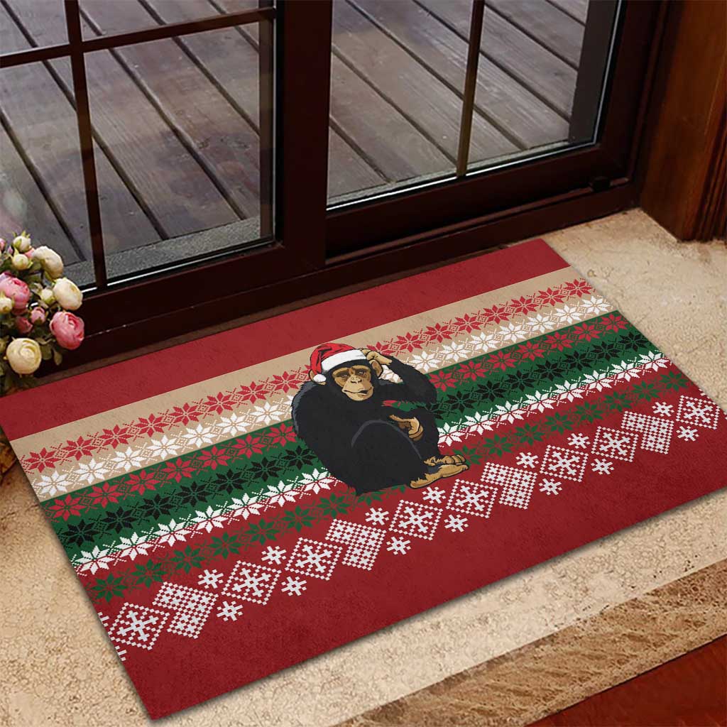 Chimpanzee Christmas Rubber Doormat Chimpanzee Wearing Santa Hat - Red Green Snowflake - Wonder Print Shop