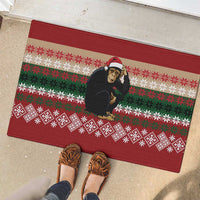Chimpanzee Christmas Rubber Doormat Chimpanzee Wearing Santa Hat - Red Green Snowflake - Wonder Print Shop