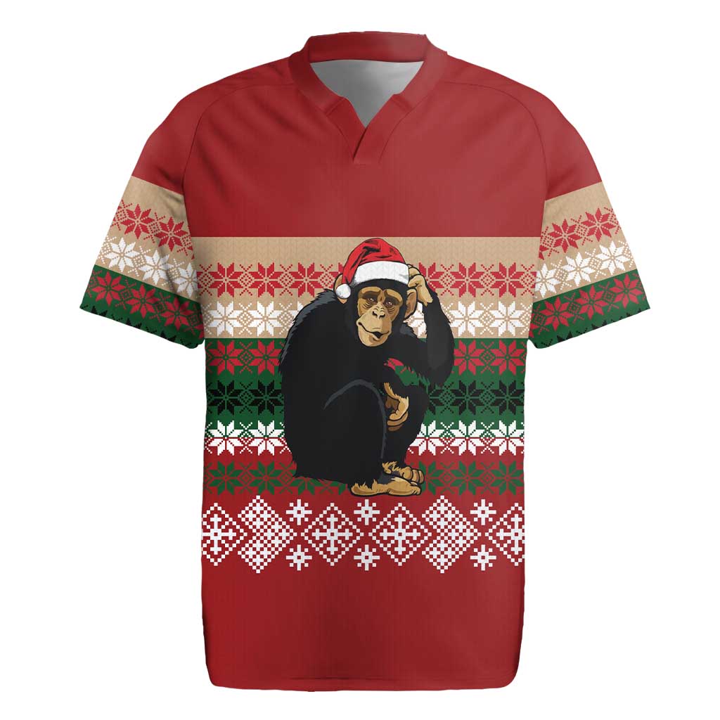 Chimpanzee Christmas Rugby Jersey Chimpanzee Wearing Santa Hat - Red Green Snowflake - Wonder Print Shop