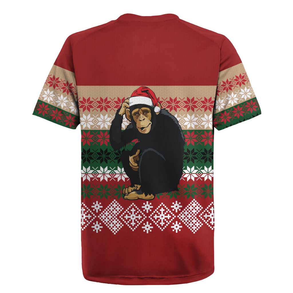 Chimpanzee Christmas Rugby Jersey Chimpanzee Wearing Santa Hat - Red Green Snowflake - Wonder Print Shop