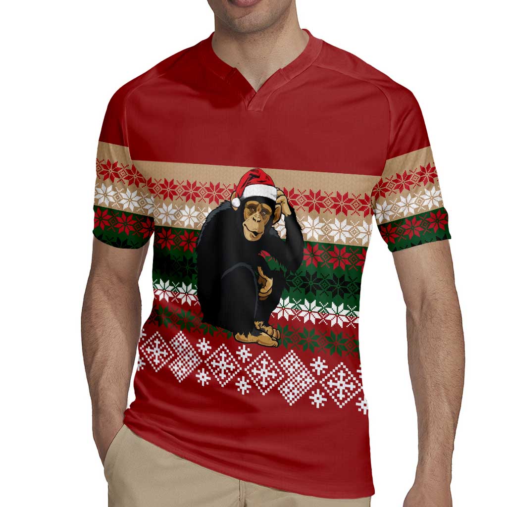 Chimpanzee Christmas Rugby Jersey Chimpanzee Wearing Santa Hat - Red Green Snowflake - Wonder Print Shop