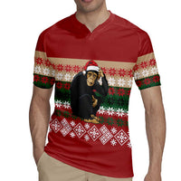 Chimpanzee Christmas Rugby Jersey Chimpanzee Wearing Santa Hat - Red Green Snowflake - Wonder Print Shop