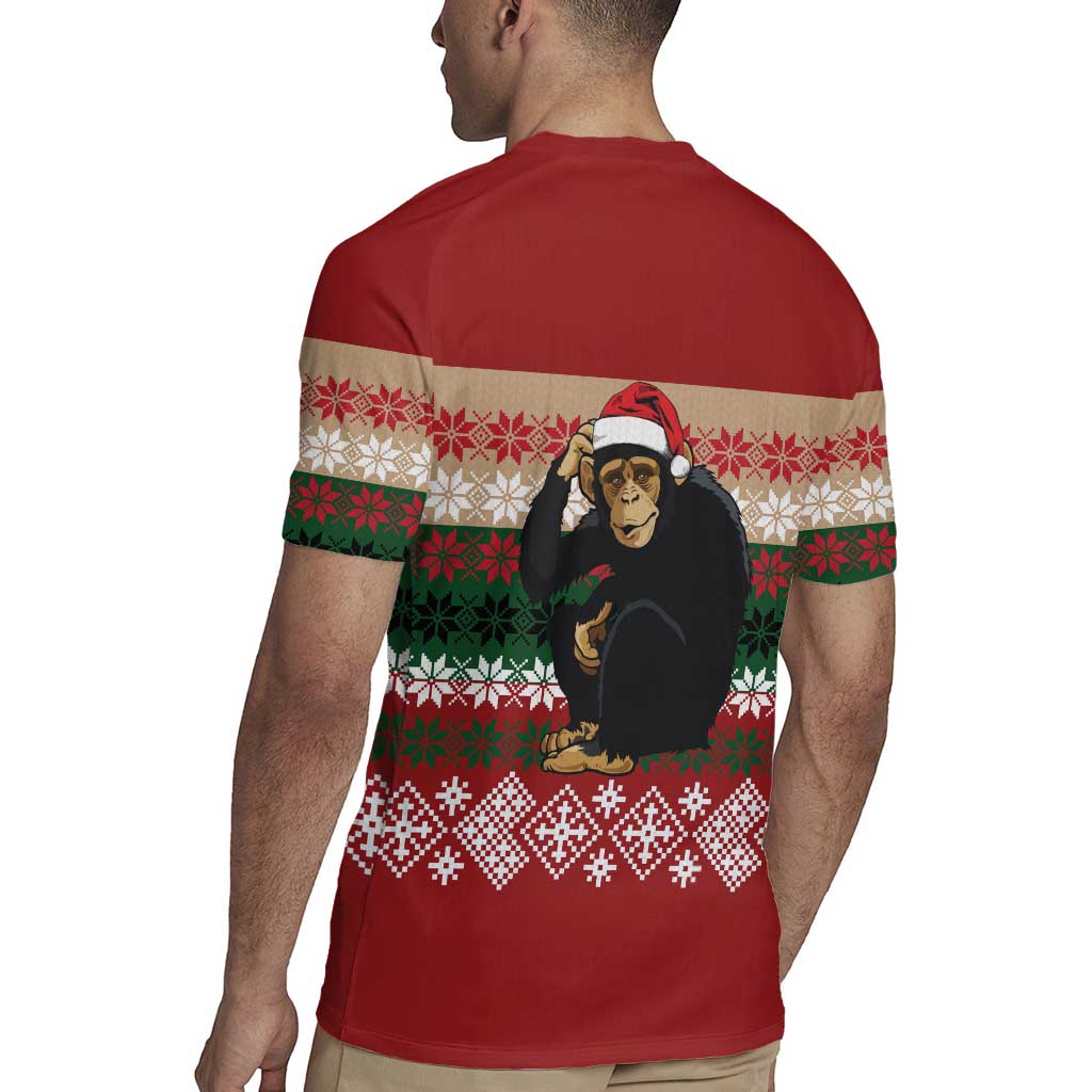 Chimpanzee Christmas Rugby Jersey Chimpanzee Wearing Santa Hat - Red Green Snowflake - Wonder Print Shop