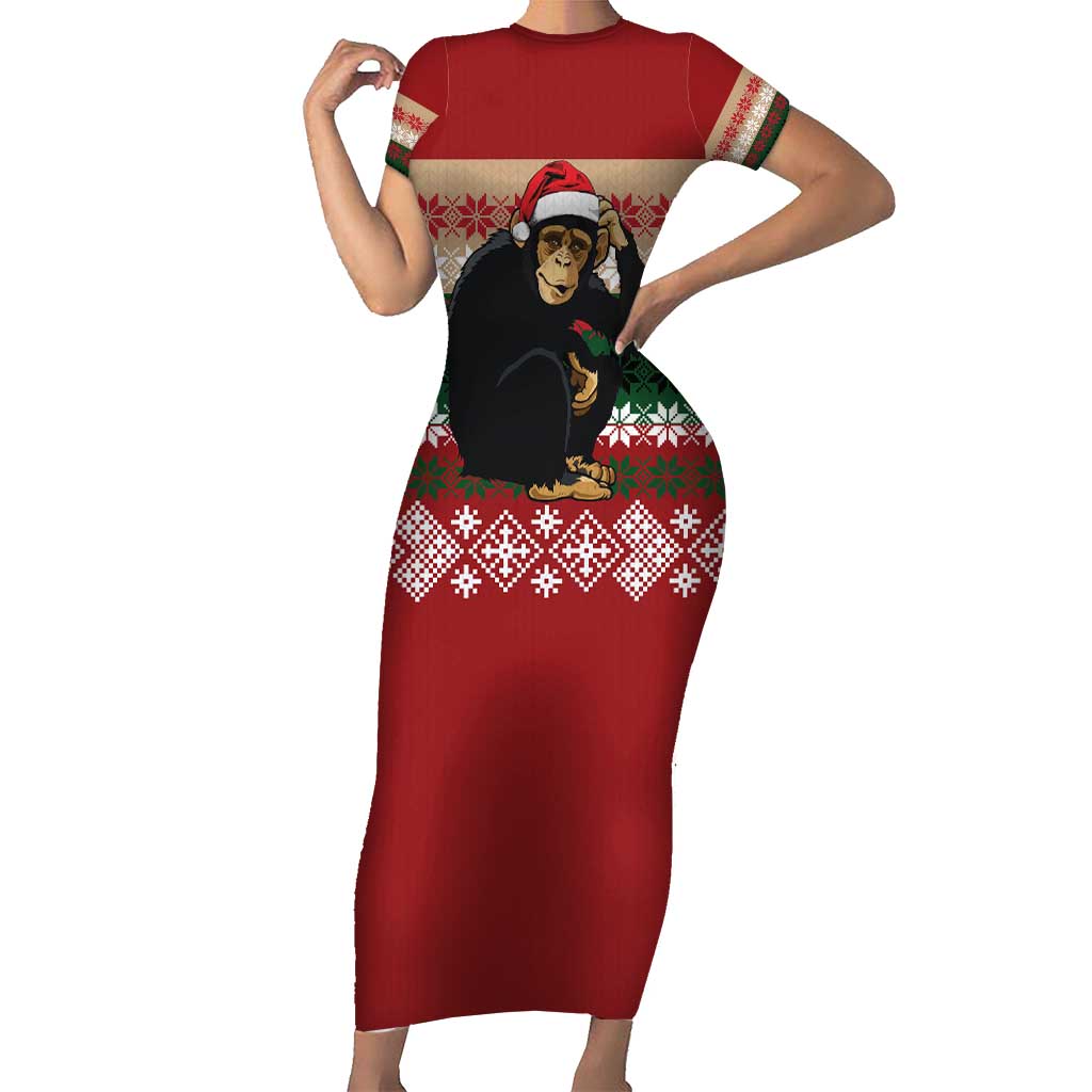 Chimpanzee Christmas Short Sleeve Bodycon Dress Chimpanzee Wearing Santa Hat - Red Green Snowflake - Wonder Print Shop