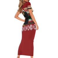 Chimpanzee Christmas Short Sleeve Bodycon Dress Chimpanzee Wearing Santa Hat - Red Green Snowflake - Wonder Print Shop
