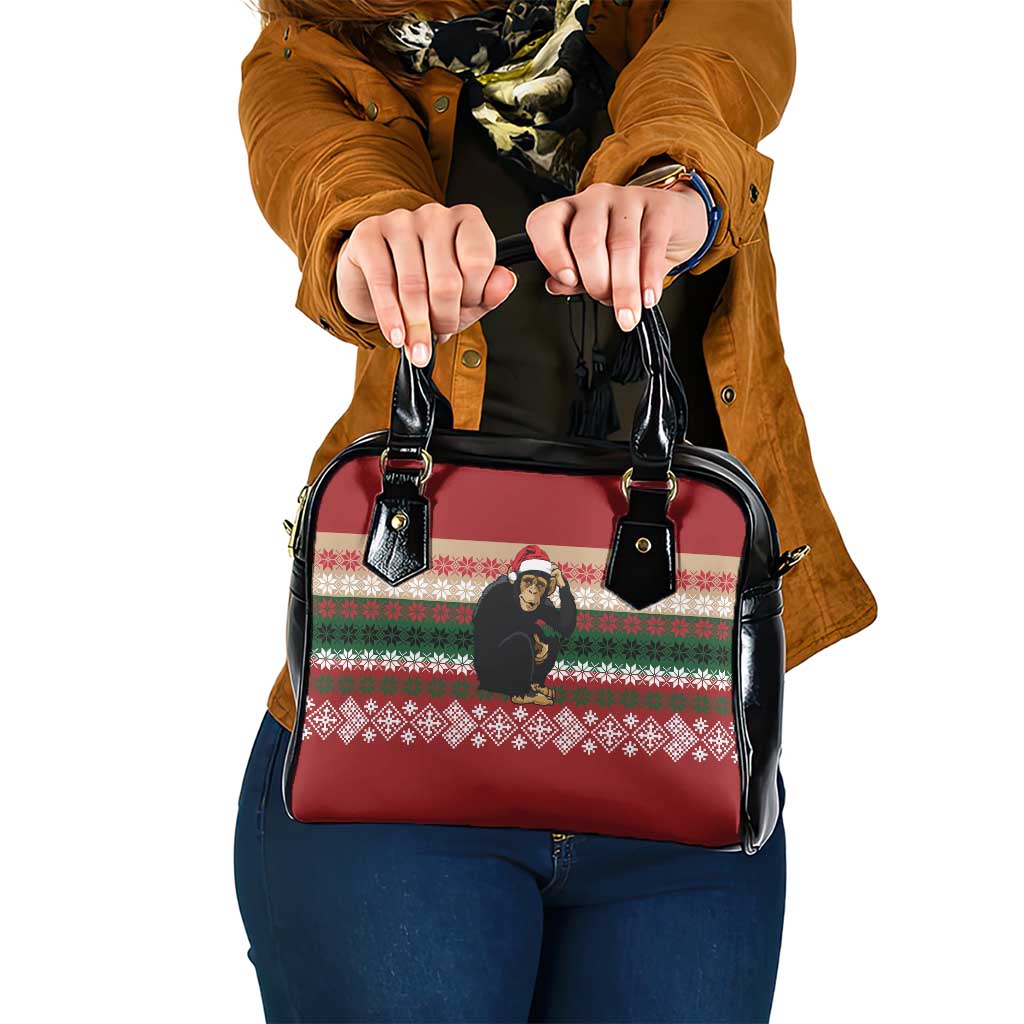 Chimpanzee Christmas Shoulder Handbag Chimpanzee Wearing Santa Hat - Red Green Snowflake - Wonder Print Shop