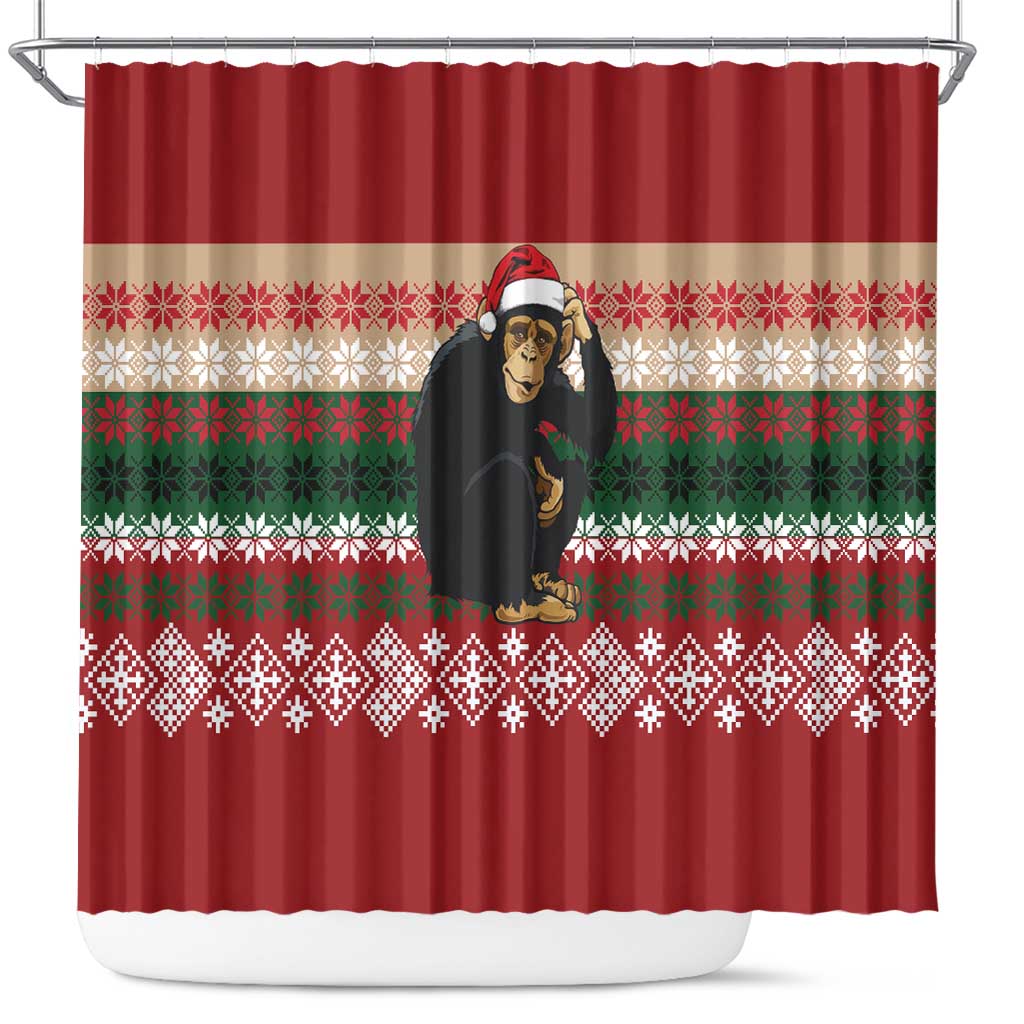 Chimpanzee Christmas Shower Curtain Chimpanzee Wearing Santa Hat - Red Green Snowflake - Wonder Print Shop