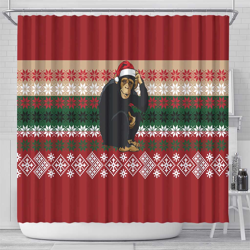 Chimpanzee Christmas Shower Curtain Chimpanzee Wearing Santa Hat - Red Green Snowflake - Wonder Print Shop