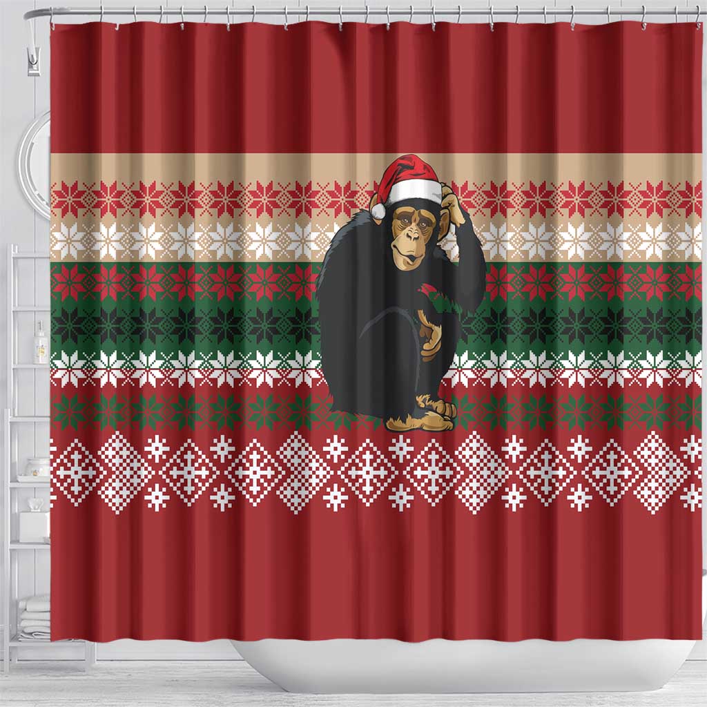 Chimpanzee Christmas Shower Curtain Chimpanzee Wearing Santa Hat - Red Green Snowflake - Wonder Print Shop