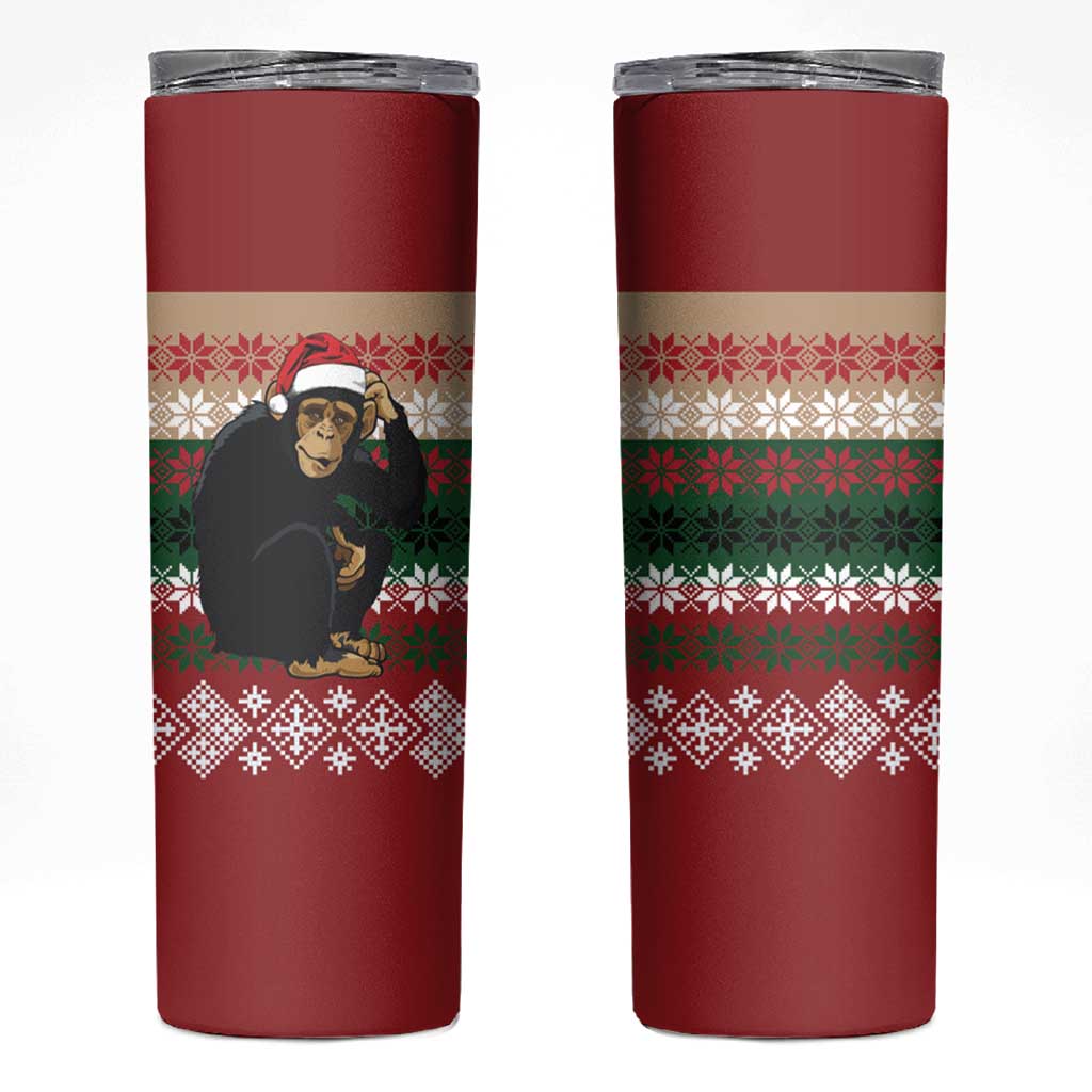 Chimpanzee Christmas Skinny Tumbler Chimpanzee Wearing Santa Hat - Red Green Snowflake - Wonder Print Shop