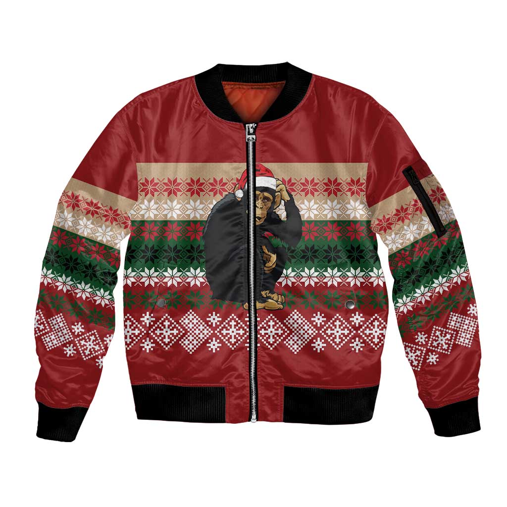 Chimpanzee Christmas Sleeve Zip Bomber Jacket Chimpanzee Wearing Santa Hat - Red Green Snowflake - Wonder Print Shop