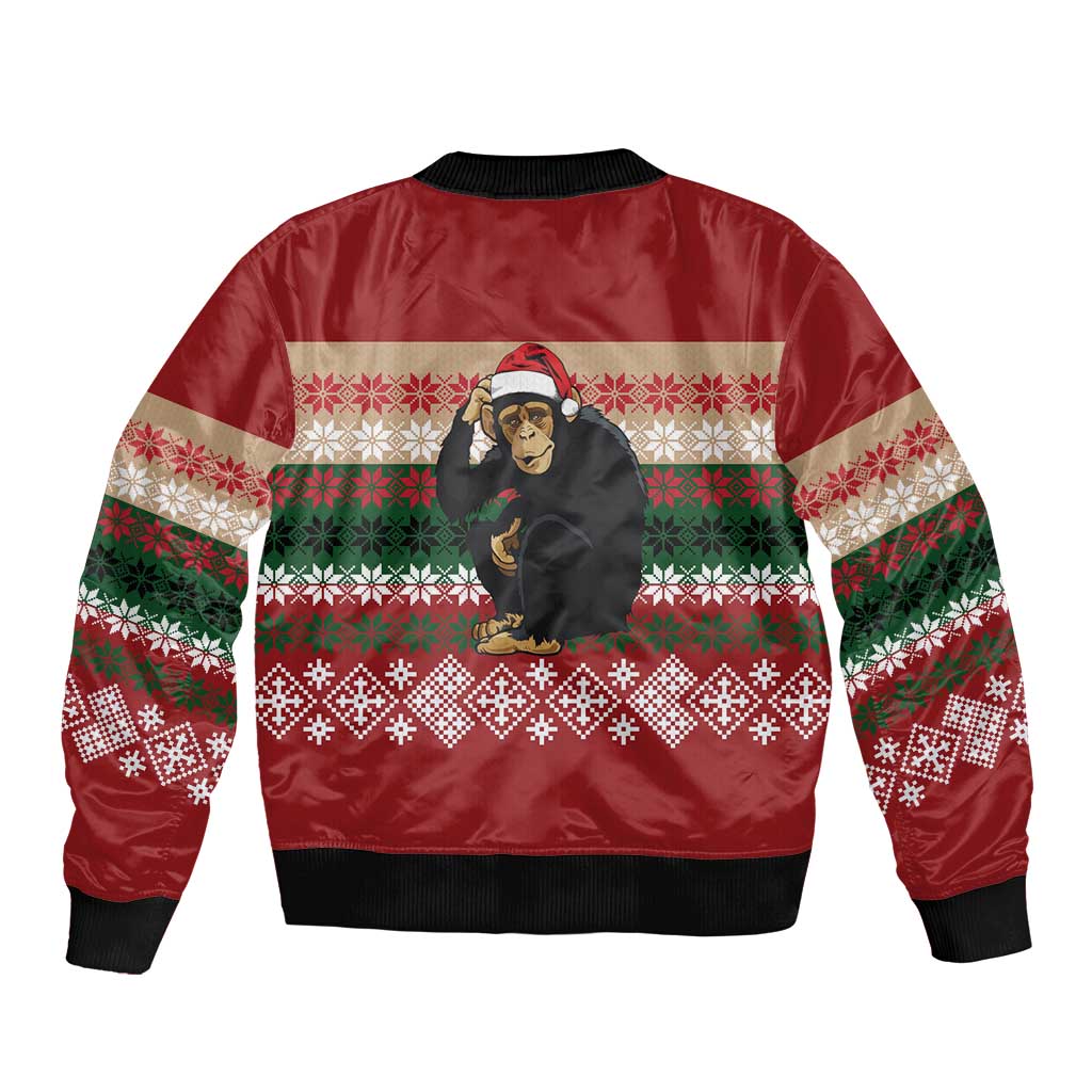 Chimpanzee Christmas Sleeve Zip Bomber Jacket Chimpanzee Wearing Santa Hat - Red Green Snowflake - Wonder Print Shop