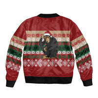 Chimpanzee Christmas Sleeve Zip Bomber Jacket Chimpanzee Wearing Santa Hat - Red Green Snowflake - Wonder Print Shop