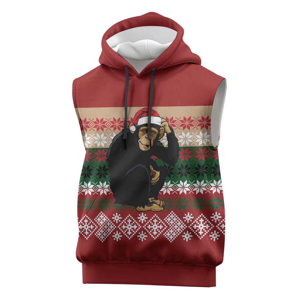 Chimpanzee Christmas Sleeveless Hoodie Chimpanzee Wearing Santa Hat - Red Green Snowflake - Wonder Print Shop