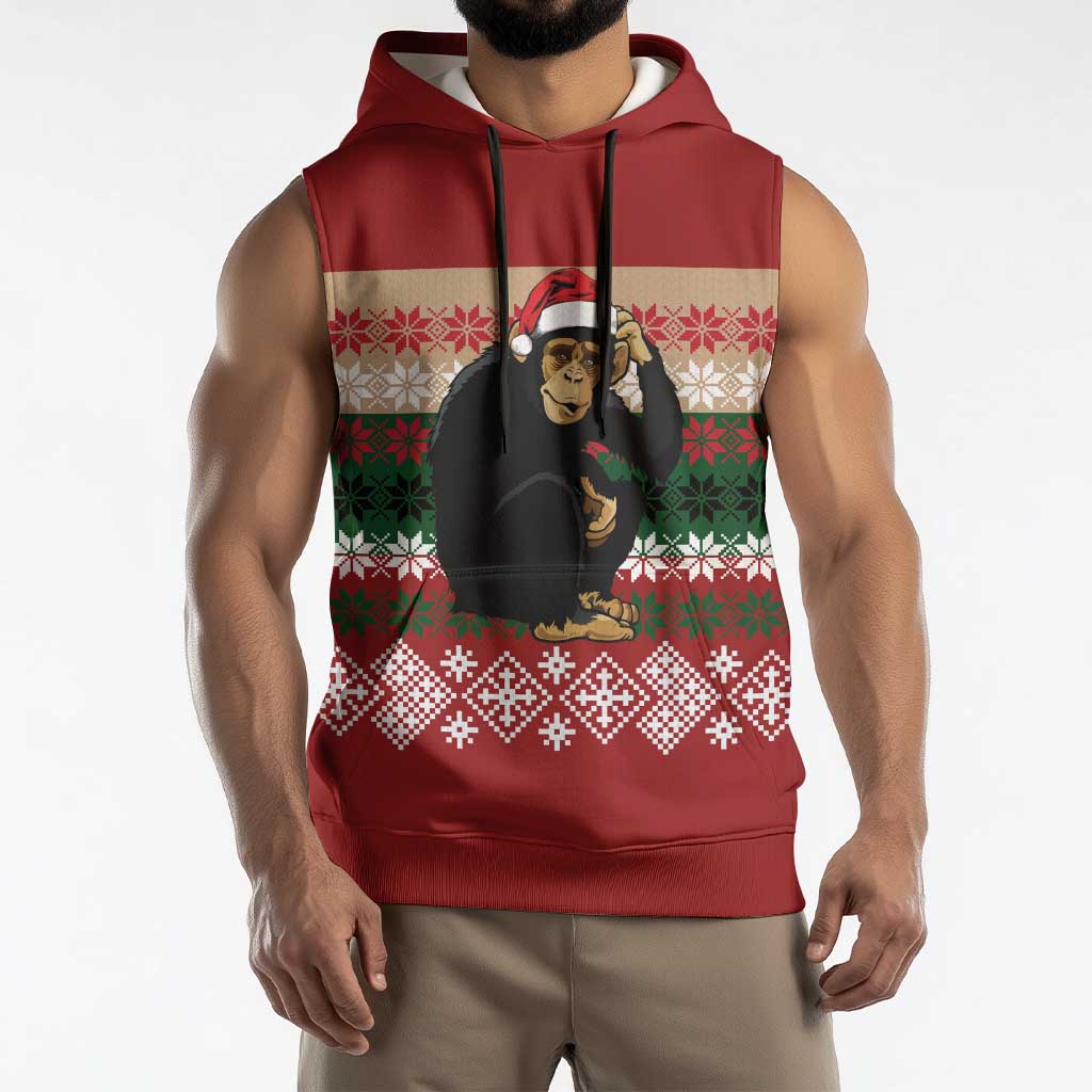 Chimpanzee Christmas Sleeveless Hoodie Chimpanzee Wearing Santa Hat - Red Green Snowflake - Wonder Print Shop