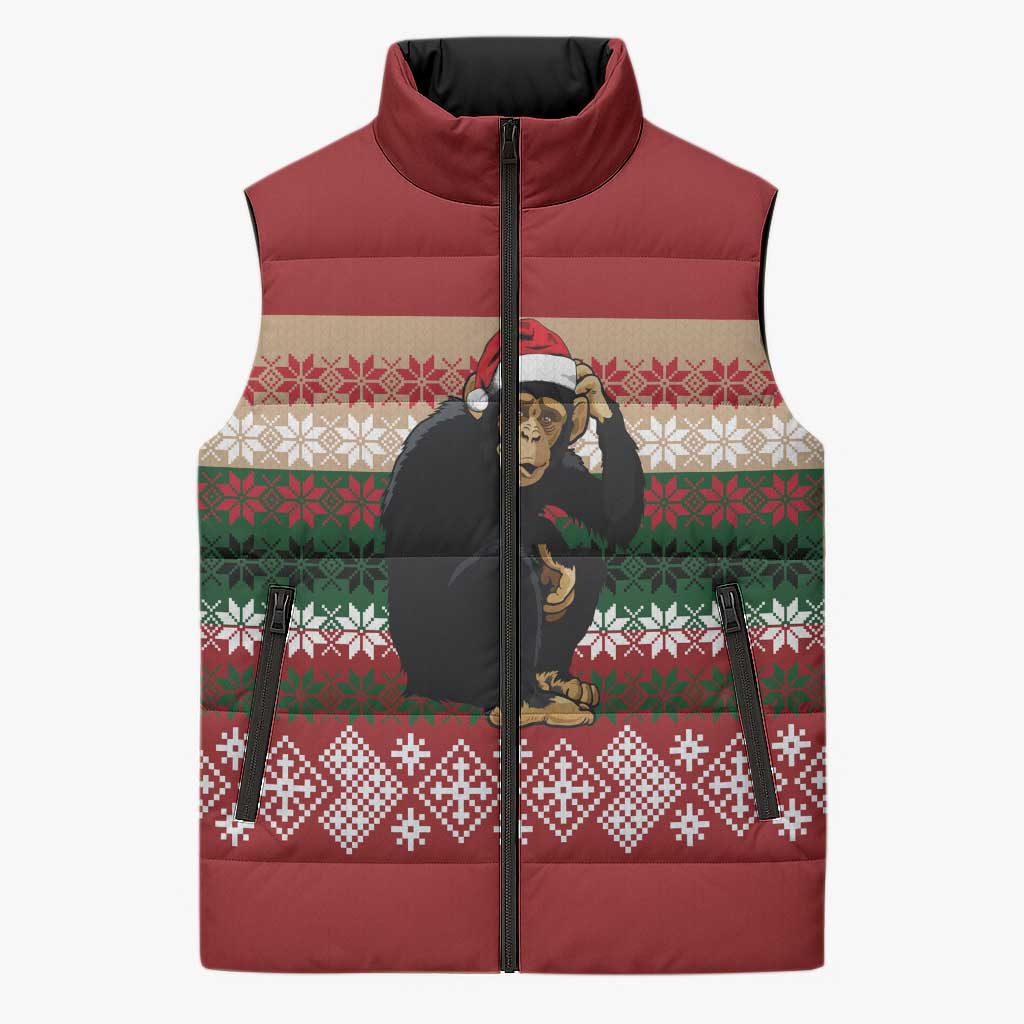 Chimpanzee Christmas Sleeveless Puffer Jacket Chimpanzee Wearing Santa Hat - Red Green Snowflake - Wonder Print Shop
