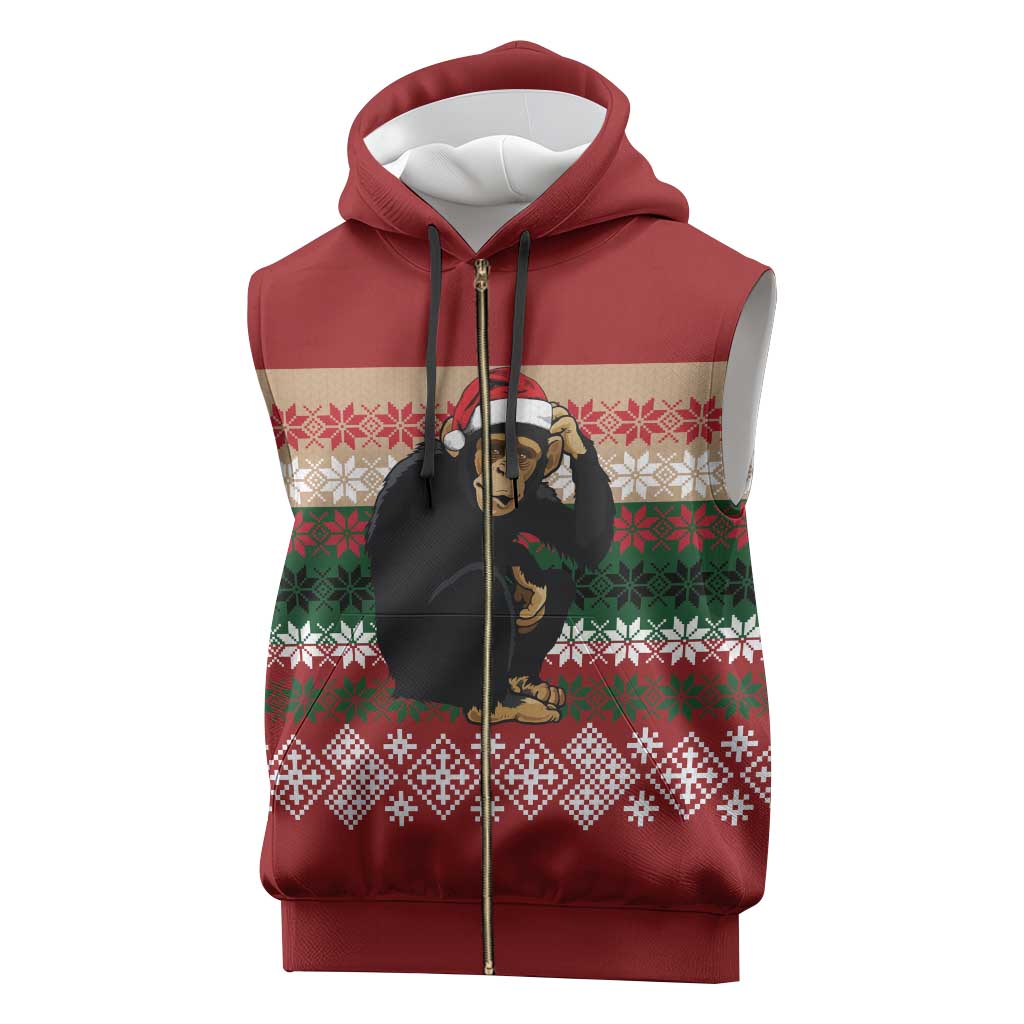 Chimpanzee Christmas Sleeveless Zip Hoodie Chimpanzee Wearing Santa Hat - Red Green Snowflake - Wonder Print Shop