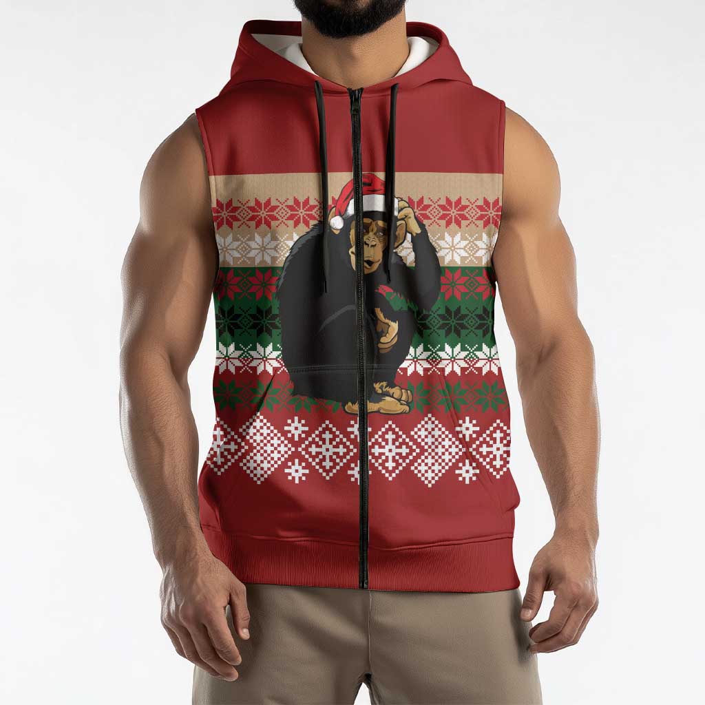 Chimpanzee Christmas Sleeveless Zip Hoodie Chimpanzee Wearing Santa Hat - Red Green Snowflake - Wonder Print Shop