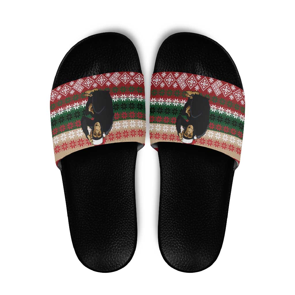 Chimpanzee Christmas Slide Sandals Chimpanzee Wearing Santa Hat - Red Green Snowflake - Wonder Print Shop