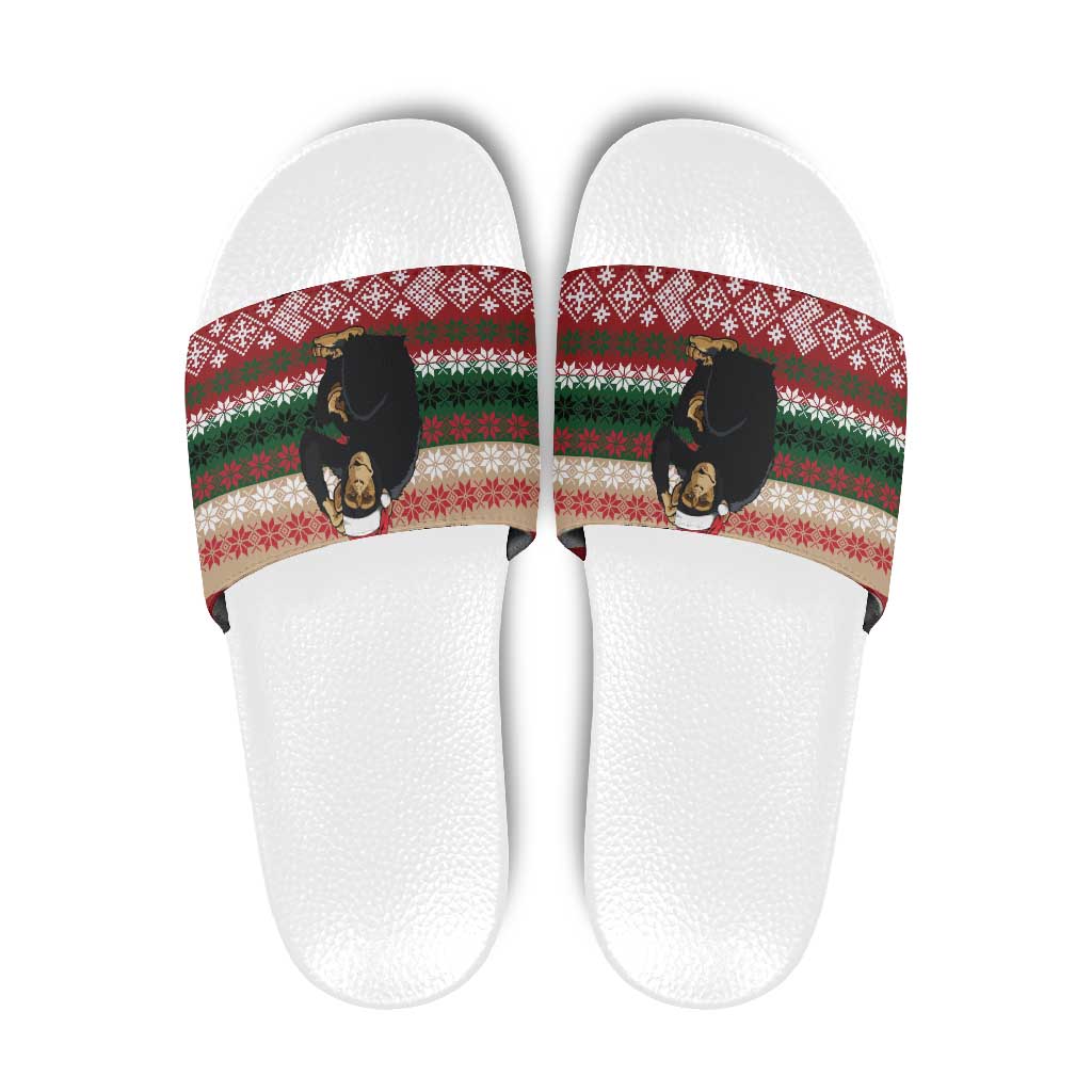 Chimpanzee Christmas Slide Sandals Chimpanzee Wearing Santa Hat - Red Green Snowflake - Wonder Print Shop