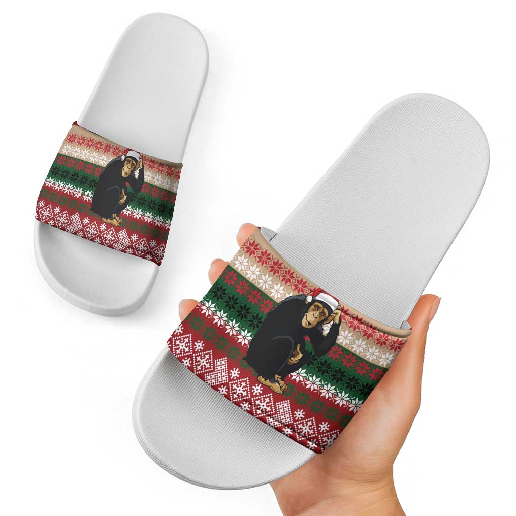 Chimpanzee Christmas Slide Sandals Chimpanzee Wearing Santa Hat - Red Green Snowflake - Wonder Print Shop