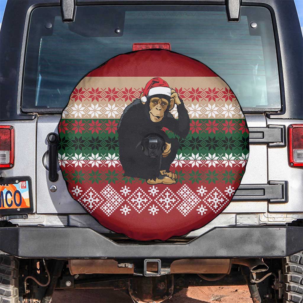 Chimpanzee Christmas Spare Tire Cover Chimpanzee Wearing Santa Hat - Red Green Snowflake - Wonder Print Shop