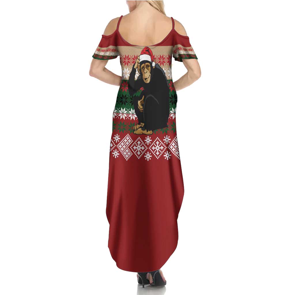 Chimpanzee Christmas Summer Maxi Dress Chimpanzee Wearing Santa Hat - Red Green Snowflake - Wonder Print Shop