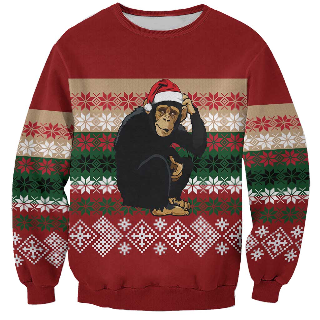 Chimpanzee Christmas Sweatshirt Chimpanzee Wearing Santa Hat - Red Green Snowflake - Wonder Print Shop
