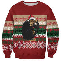 Chimpanzee Christmas Sweatshirt Chimpanzee Wearing Santa Hat - Red Green Snowflake - Wonder Print Shop